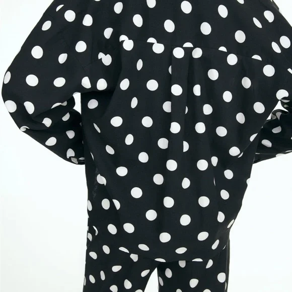 Zara NWT linen black & white polka dot knot front button front long sleeve shirt - Picture 8 of 10